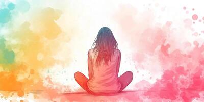 Meditative Seated Figure against a backdrop of watercolor splashes, promoting mindfulness and inner peace in a colorful scene. photo
