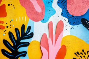 A vibrant and colorful abstract painting featuring organic shapes and bold textures. A playful blend of nature-inspired forms. photo