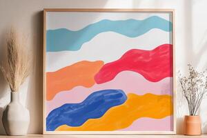 Colorful abstract art print in wooden frame, complemented by floral arrangements on a shelf, creating a modern, artistic interior. photo