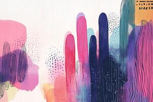 Abstract watercolor art featuring organic shapes, vibrant pinks, blues, and textural lines on a soft white background. Colorful and modern. photo