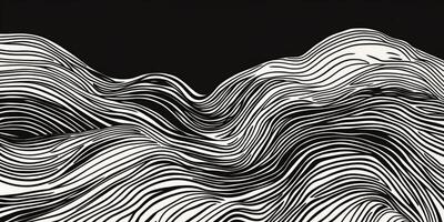 Black and white abstract art with flowing lines creating a dynamic, undulating surface. The contrast emphasizes the movement and depth. photo