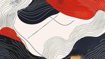 An abstract art piece featuring wavy lines, and black and red organic shapes against a cream colored background. Modern and stylish. photo