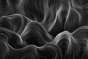 Abstract topographic lines create a dynamic, flowing landscape with a black and white color palette. Striking visual pattern. photo