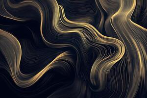 Golden threads intertwine on a deep background, creating abstract flowing patterns. A delicate dance of light and shadow in this captivating image. photo