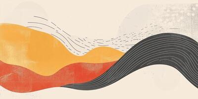 Abstract landscape art featuring orange and red hills layered under soft colors and minimalist lined wave motifs on a neutral backdrop. photo
