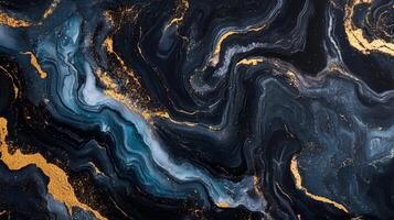 Abstract artwork featuring swirling dark blues and grays accented with shimmering gold, creating a luxurious and dynamic visual texture. photo