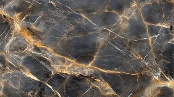 Dark marble surface with golden and white veining, creating an intricate and luxurious abstract pattern for design and architectural use. photo