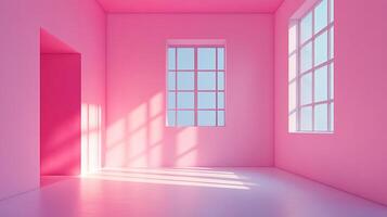 A pink room with natural sunlight coming through two windows and an open doorway, casting shadows on the floor, creating a minimalist aesthetic. photo