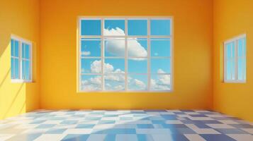 Bright yellow room with checkered floors, illuminated by daylight streaming through multiple windows. A glimpse of the sky and clouds outside. photo