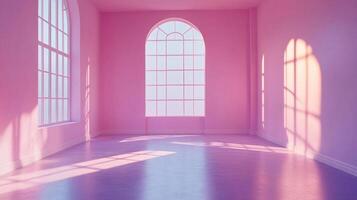 Minimalist pink room with windows casting geometric light patterns across the floor, creating a serene, dreamlike ambiance. photo