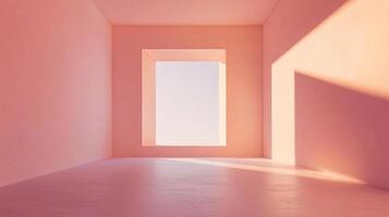 An empty studio bathed in light featuring a minimalist design with pink-painted walls and a square window against an ethereal backdrop. photo
