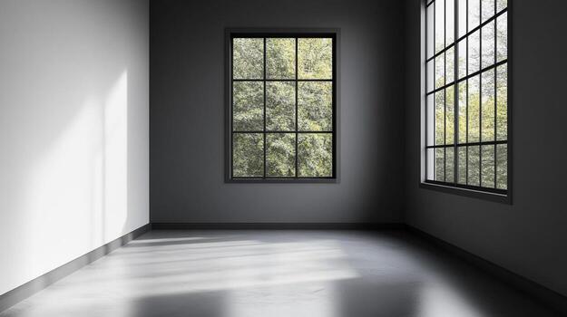 Empty room with sunlight streaming through large windows, casting shadows on the polished floor and walls, creating a bright and modern space. photo