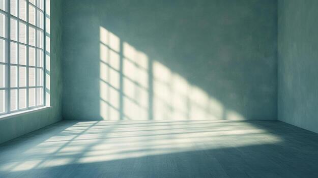 Sunlight streams through a window, casting patterned shadows on the wall and floor of this minimalist empty room with a soothing atmosphere. photo