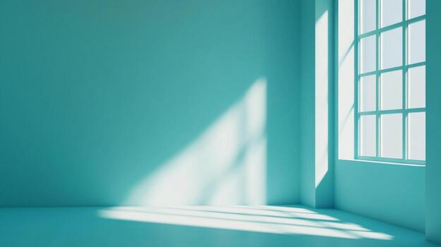 Sunlight streams through a window, casting geometric shadows on the turquoise walls and floor, creating a serene and minimalist interior scene. photo