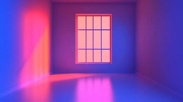 An abstract image featuring an empty room with soft, diffused lighting and a grid-patterned window providing a minimalist aesthetic. photo