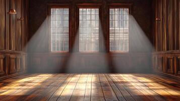 Sunlight streams through gridded windows illuminating a vintage room with wooden floors and paneled walls, creating a warm, inviting atmosphere. photo