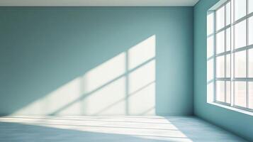 A serene, minimalistic room bathed in sunlight streaming through a large window, creating a play of light and shadow on the wall and floor. photo