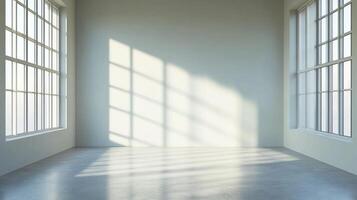A brightly lit, empty room with sunlight streaming through large windows, casting shadows on the wall and floor. Minimalist design. photo