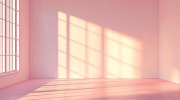 Sunlight streams through a window, casting shadows on the pink walls and floor of an empty room, creating a bright and airy atmosphere. photo