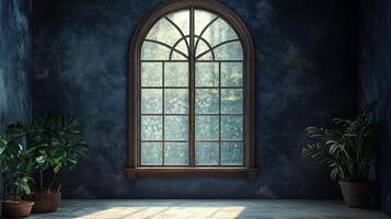 Interior space featuring a large arched window and potted plants, offering a serene and tranquil ambiance. A perfect scene for relaxation. photo