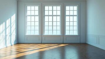 Sunlight streams through large windows, illuminating the herringbone wood floor in a bright, empty room, creating an inviting ambiance. photo