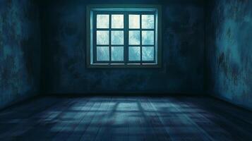 An empty room is illuminated by the moonlight through a multi-pane window, casting shadows on the wooden floor and dark walls. photo