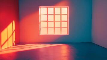 An empty room with a grid window radiating colorful light patterns, illuminating the space with warm and cool hues. photo