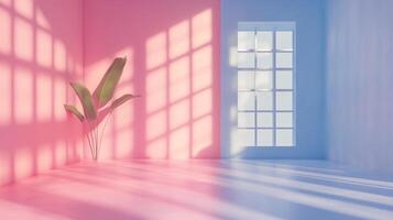 Abstract room featuring a pastel pink and blue color scheme, a plant in the corner, and window shadows casting geometric shapes across the walls. photo
