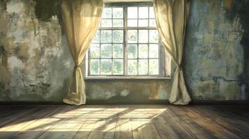 Sunlit empty room with aged walls, wooden floor, window with tan curtains, and a view of greenery outside creating a serene ambiance. photo