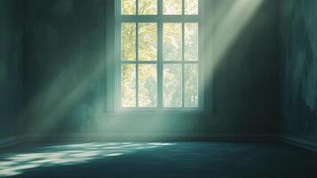 Sunlight streams through a window, casting shadows in an old room. Light filters in, creating patterns on the floor and walls. photo