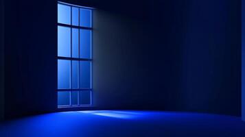 A minimalist, monochromatic blue room illuminated by light streaming through a paneled window creating a serene and modern ambiance. photo