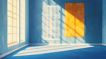 Sunlight streams into a blue room, illuminating a window grid and wall art, creating a bright and airy space with contrasting shadows. photo