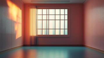 Sunlight streams through a gridded window in an empty room, casting warm shadows across the walls and reflecting on the smooth floor. photo