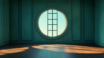 A room with teal walls and a round window lets natural light pour onto the wooden floor, creating a tranquil, inviting atmosphere. photo