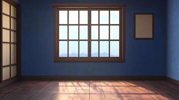 Sunlit room with a window view of mountains on the horizon, framed art, deep blue walls, and hardwood floor capturing the light. photo