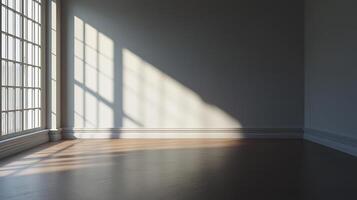 Sunlight streams into a pristine room through large windows, casting shadows on the walls and creating a bright, airy ambiance. photo