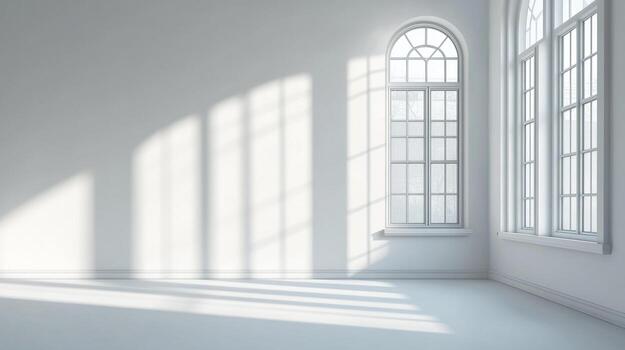Sunlight streams through arched windows in a bright, white, empty room, creating a play of light and shadow on the walls and floor. photo