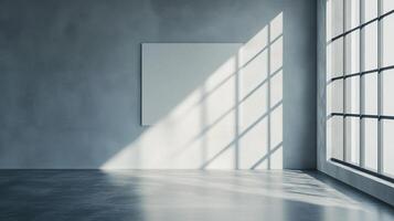 Minimalist interior with light streaming through windows onto a blank canvas, against a concrete wall and floor in an empty room. photo