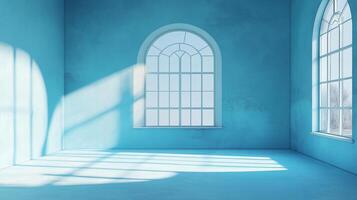 Tranquil blue room bathed in sunlight, featuring arched windows and casting light patterns across the floor, creating serene ambiance. photo