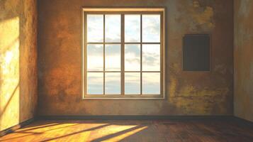 Sunlight through a window illuminates the interior of an empty room with textured walls, highlighting the wooden floor and minimalist setting. photo