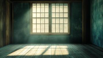Sunlight streams through a gridded window, illuminating the old wooden floor in an otherwise dim room. Atmospheric and serene. photo