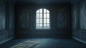 A somber room with an arched window, the light casts shadows on the floor, evoking a sense of mystery and solitude. Empty room, old. photo