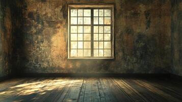 Sunlight streams through a window in a rustic room, highlighting textures. A serene, abandoned scene with aged walls and wooden floor. photo