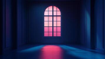 Illuminated window casts colorful light in a dark room creating a striking visual contrast and showcasing architectural details. photo