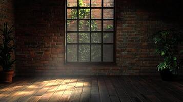 Rustic interior with exposed brick, dark wood floors, and a window revealing lush greenery creating a natural, comforting ambiance. photo