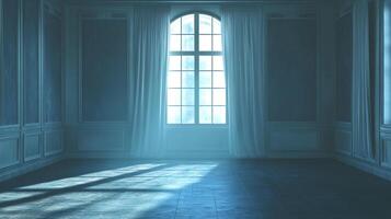 A monochromatic room bathed in blue light, featuring a large window draped with sheer curtains, creating a serene and calming atmosphere. photo