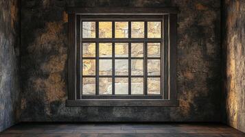 Interior room featuring a window with a view to a stone wall. Dark rustic style room with wooden floor and window frame. photo