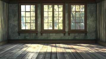 Rustic charm in sunlit room. Natural light streams through paneled windows, illuminating the aged wood floor and textured walls. photo