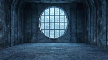 Eerie interior featuring a gridded round window in a concrete room. The window brings light into the otherwise dim space. photo