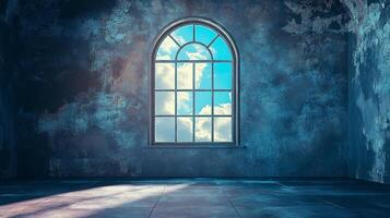 Dramatic interior with an arch window revealing a sky filled with clouds, casting light onto the floor creating a striking contrast. photo
